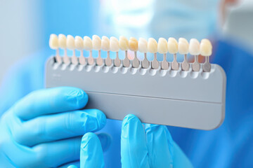 Dentists hands in blue gloves holding a dental shade guide for tooth color matching during treatment