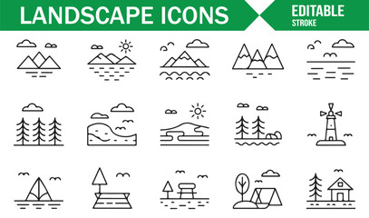 Minimalist Icons of Natural Landscapes, Including Rivers, Hills, and Trees