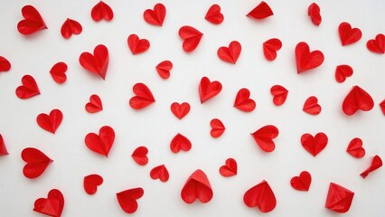 White backdrop featuring red hearts made from handmade paper