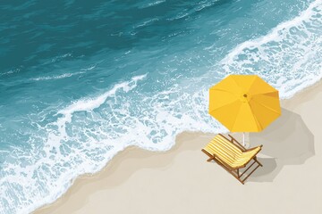 Naklejka premium Overhead view of a beach scene with a yellow umbrella and chaise lounge.