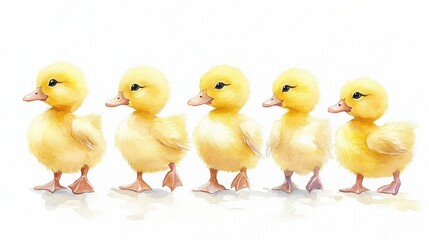 Fototapeta premium Five adorable fluffy yellow ducklings standing in a row on white background.