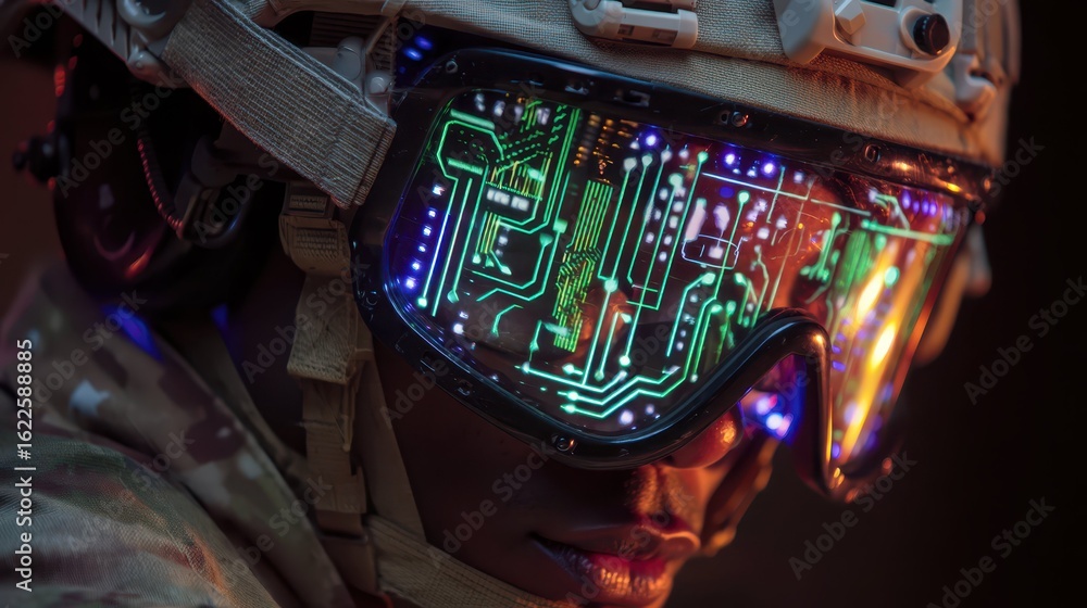 Poster tactical soldier with mirrored visors displaying data projection