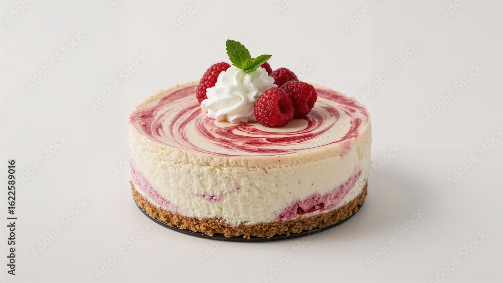 Poster cheesecake featuring raspberry swirl and a graham cracker base