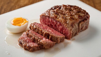 Uncooked beef slice topped with a small egg