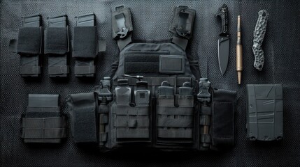 Black Tactical Gear Flat Lay with Plate Carrier and Accessories