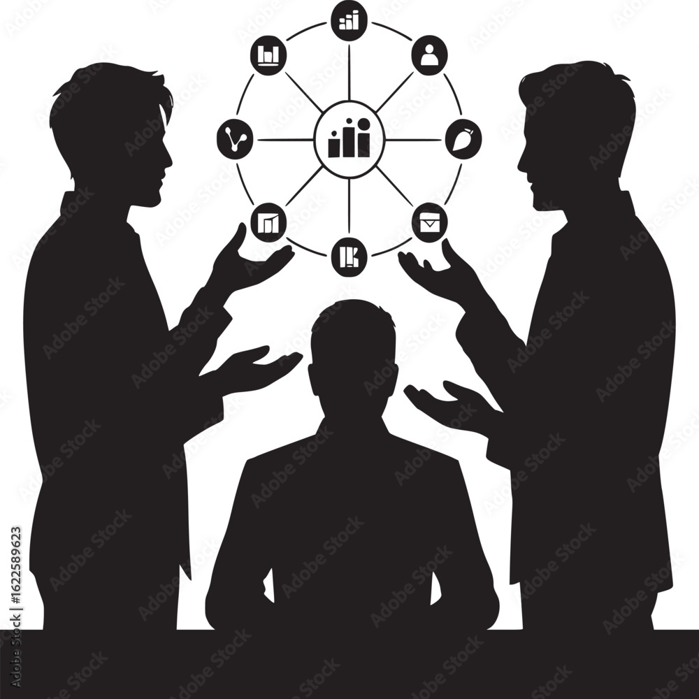 Poster silhouetted figures discussing business analytics and communication strategies in a meeting setting