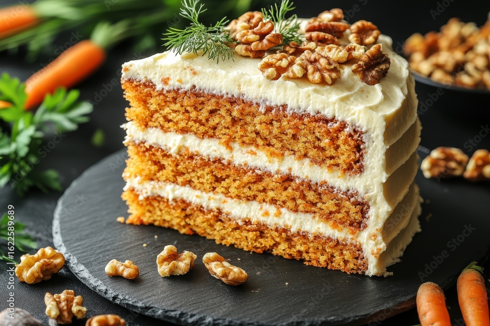 Poster deliciously tempting three-layer carrot cake slice with cream cheese frosting and walnuts topping