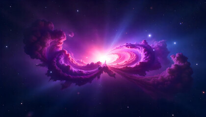 Obraz premium Cosmic nebula with bright central light and swirling purple clouds