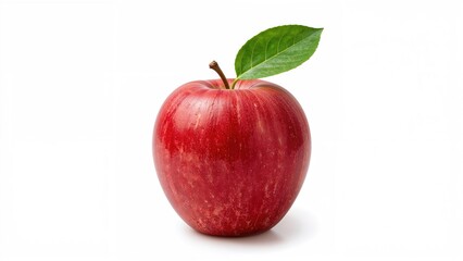 Red Apple with Green Leaf Cutout on White Background - Studio Macro Shot