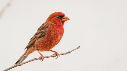 A red canary bird sitting against a plain white backdrop