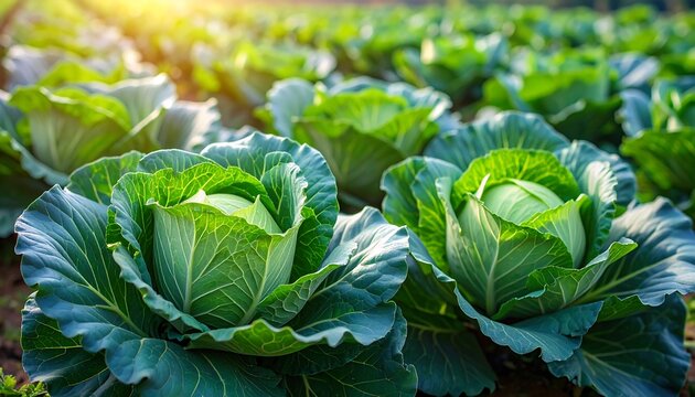 Vibrant Cabbage Patch: Fresh Green Vegetables Growing Under Warm Sunlight on Farmland