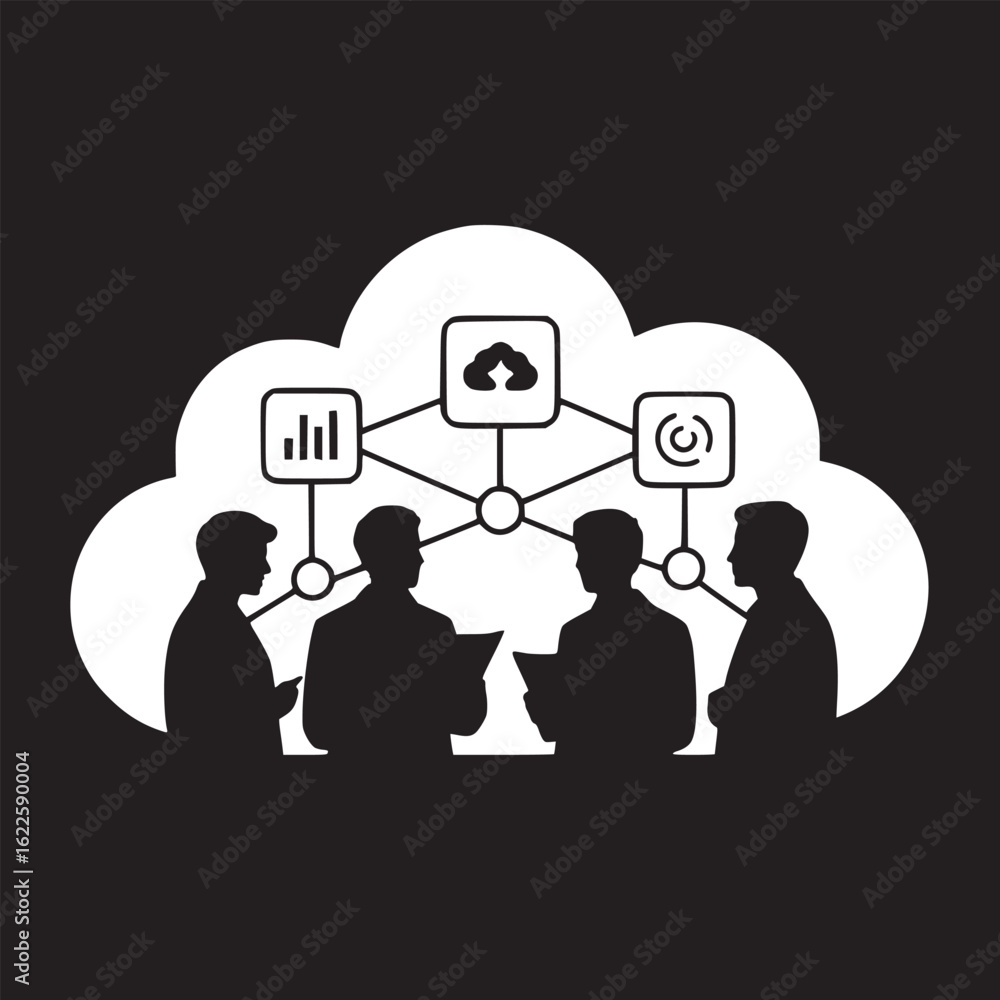 Poster silhouette of four people in meeting with cloud computing and data network in black and white style