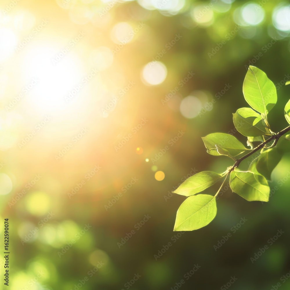 Poster radiant sunlight filtering through lush green leaves, creating a tranquil abstract bokeh background