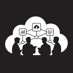 Silhouette of four people in meeting with cloud computing and data network in black and white style