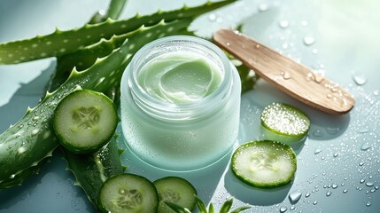 Natural hydrating day cream moisturizer surrounded by fresh cucumber and aloe vera with wooden spatula in refreshing composition