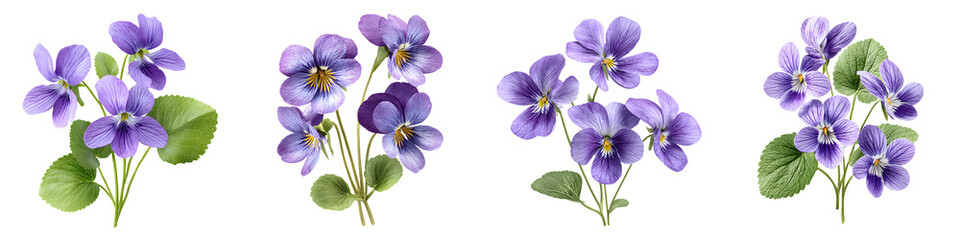 Watercolor Violet Flowers Set, Isolated on White
