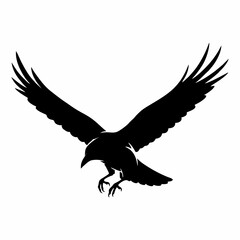 A black silhouette of a raven or crow with its wings spread wide, flying against a white background.