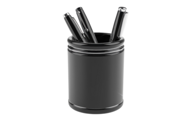Black pen holder filled with various writing instruments on a desk in a modern office setting