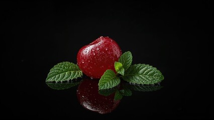 Vibrant cherry-flavored jelly garnished with green mint on a glossy black backdrop