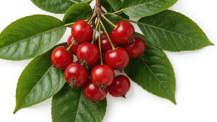 Fresh red cherries with leafy stems set on a white backdrop