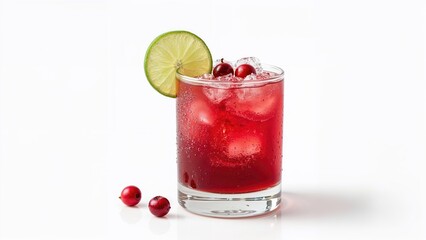 White background showcasing cranberry and lime drinks with red berries