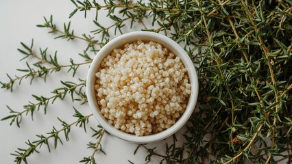 Fresh thyme leaves atop uncooked couscous in a bowl