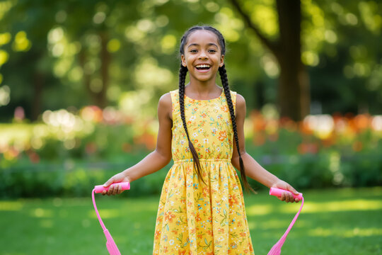 Laughing black girl with a jump rope in a summer park. Happy child in a yellow dress playing outdoors.