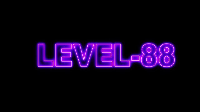 Glowing Level -88 text font animation. Level Up text sign. letters spelling out level Up appear on black background.