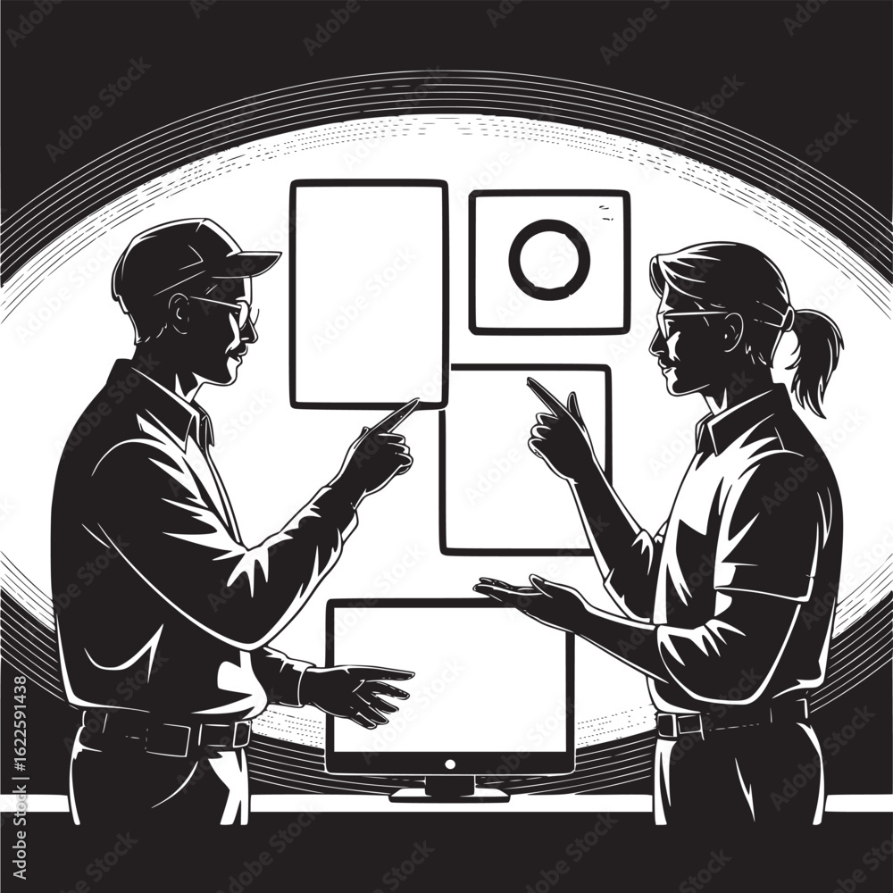 Poster two people analyzing data on screens with charts and graphs in black and white illustration style
