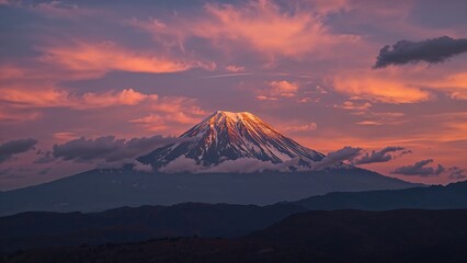 Fototapeta premium Sunset lights up the summit of a towering mountain in a scenic region
