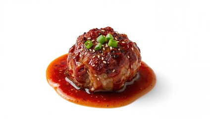 Obraz premium Charred pork meatballs paired with a sweet and spicy chili sauce set on a white surface