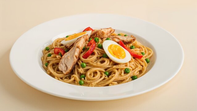 Egg and chicken pasta dish with peas and pepper made from scratch