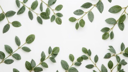 Eucalyptus greenery displayed on a clean white surface. Spring-themed card. Template example. High-resolution photograph.