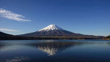 Peaceful travel destination featuring a snow-covered mountain and vibrant blue waters