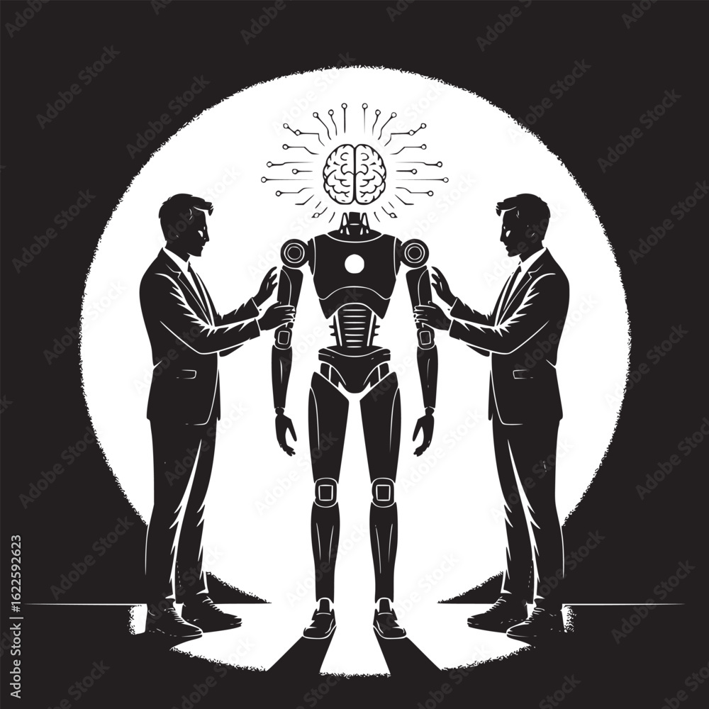 Poster two men in suits adjusting a robot with a brain symbol in a spotlight in black and white drawing