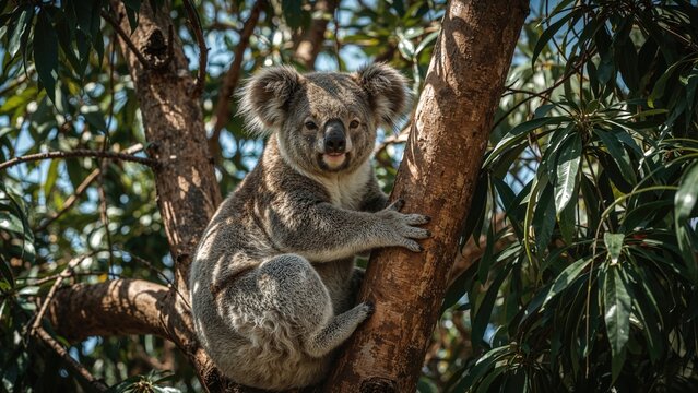 Joyful coala resting on a branch, gazing around