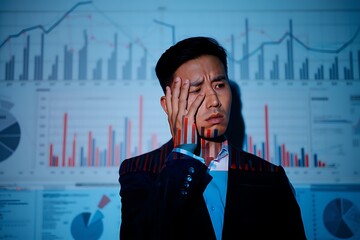 Stressed asian businessman overwhelmed by financial data and market charts experiencing a moment of intense pressure and anxiety