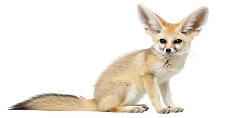   Macro studio photo of a fennec fox sitting upright, oversized ears in perfect symmetrical alignment, fur texture and facial features rendered in fine detail, soft neutral lighting.