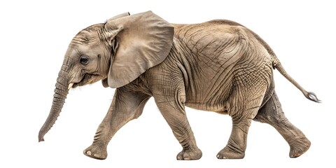  Macro full-body image of a baby elephant walking forward with ears slightly flared, textured skin and folds captured under soft overhead lighting, fully separated from background.