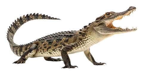 Full-body macro image of a juvenile crocodile standing with jaws slightly open, scaly texture and sharp teeth captured in high-resolution, evenly lit from both sides, isolated cleanly on a pure white.
