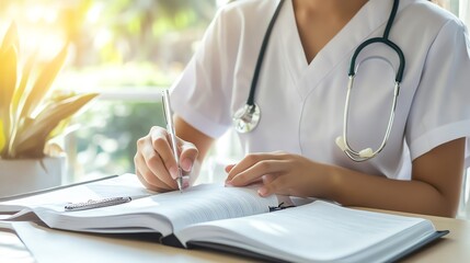 Healthcare professional taking notes in a diary.