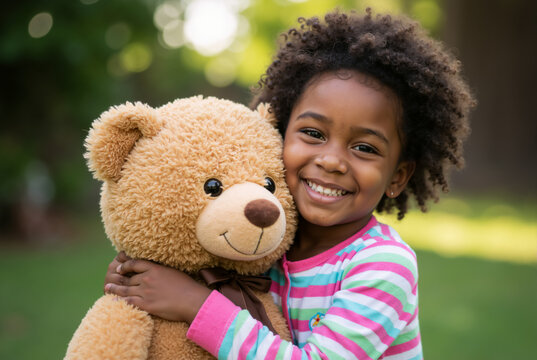 Smiling black girl hugging a teddy bear with a bow. Cute child with a plush toy gift in a park.
