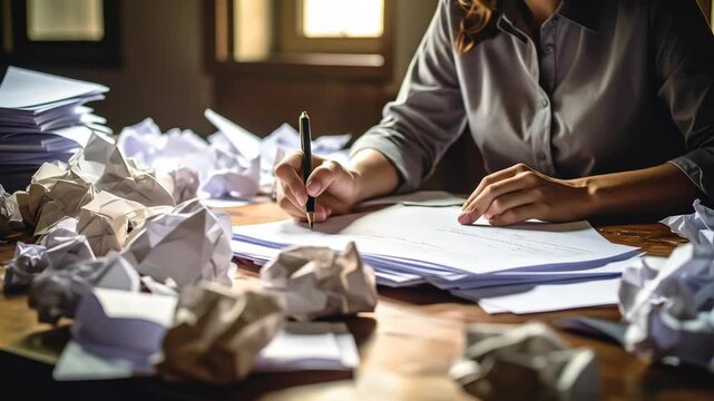 Determined Writer at a Messy Desk, Surrounded by Crumpled Paper and Discarded Drafts