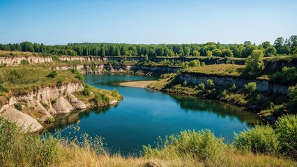 Fototapeta premium Protected natural area featuring water bodies from mining subsidence. The blend of nature and industrial impact. Geological strata.