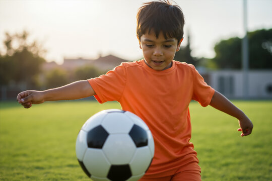 Boy practicing with a soccer ball on a field at sunset. Young football player training outdoors.