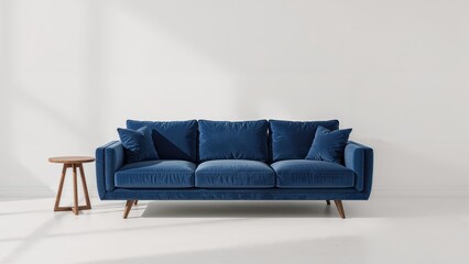 Interior wall display showcasing a blue sofa with pillows and a wooden side table on a clean white wall in 3D render.