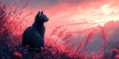 Pensive Dark Gray Cat Sitting in Pink Flower Field at Sunset