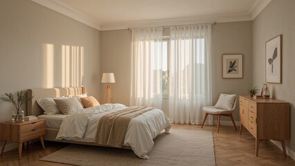 Daybreak light fills a cozy and modern sleeping area