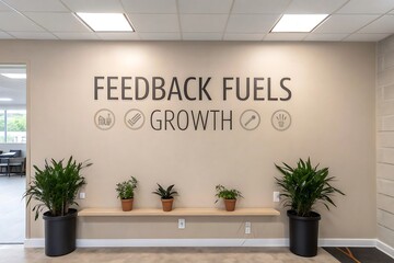 Motivational wall art with feedback fuels growth text and decorative icons in a modern office interior