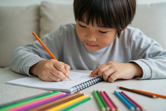 Asian boy drawing with colored pencils in a sketchbook. Child focused on a creative art project at home.